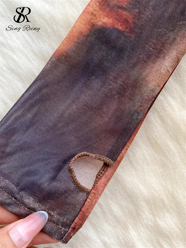 SINGREINY Mesh Print Sexy Bodysuit Square Neck Long Sleeves Open Crotch Slim Jumpsuit Women Tie Dye Retro Sheath Playsuits 250225