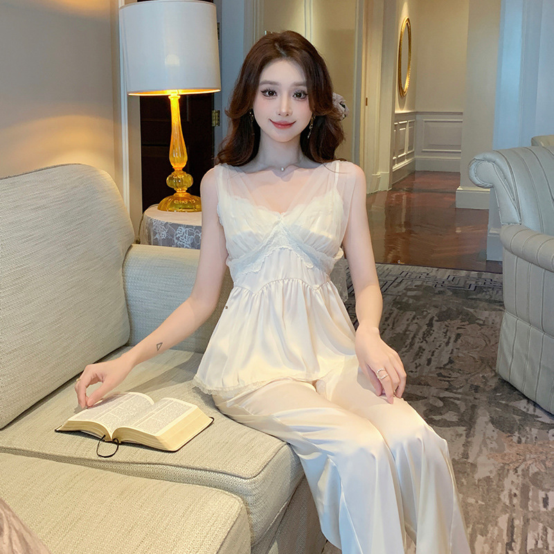 D220 Pajamas Spring and Autumn Women's Ice Silk Sexy Lace Three-piece Set Outerwear Suspenders Long Pants with Chest Pads Home Clothes