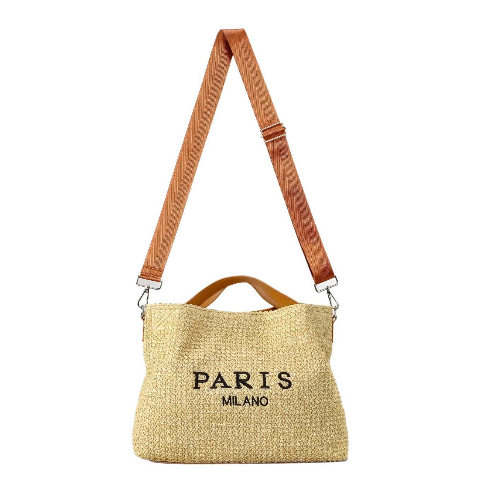 French woven bag, beach vacation bag, women's letter embroidery, large capacity tote bag, summer single shoulder crossbody bag 250215