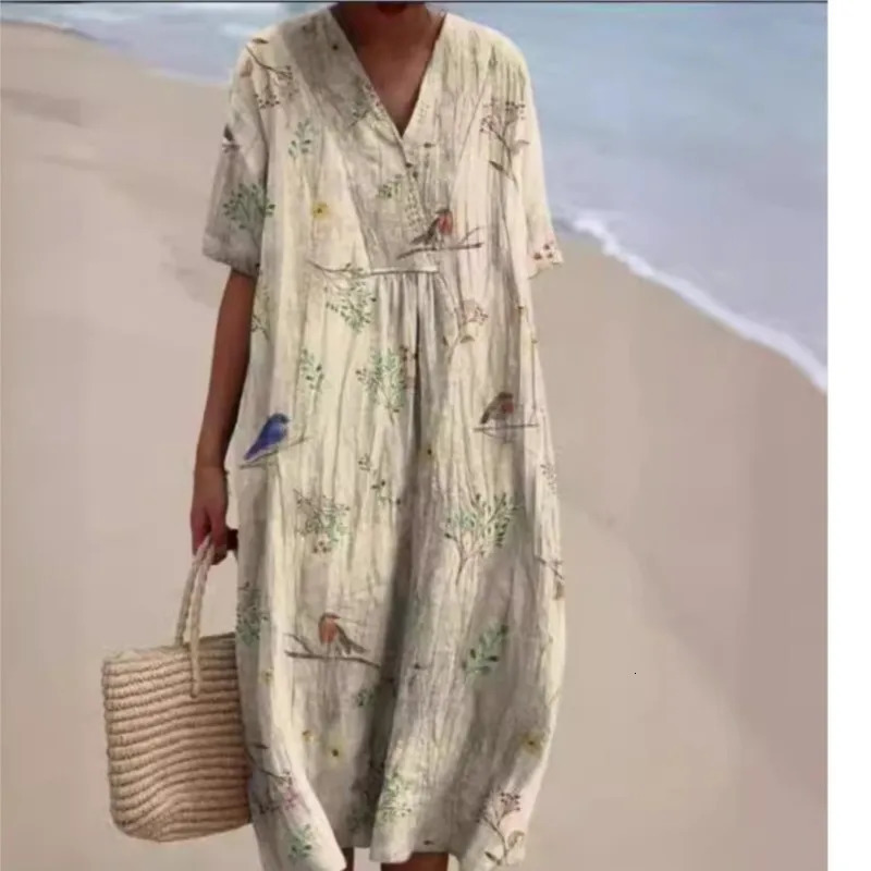 Women Floral Print Summer Maxi Dresses Colorful V Neck Short Sleeve Casual Loose Vacation Workout Beachwear Dress Robe Traf 250225