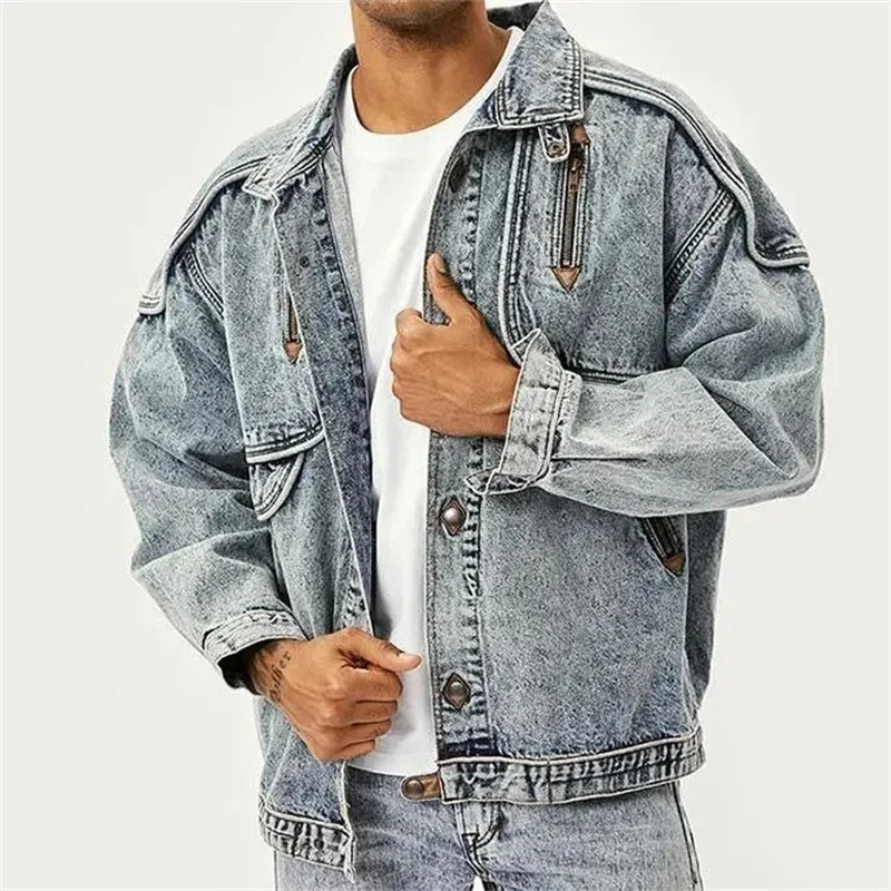 Vintage Denim Jackets Men Slim Solid Casual Jean Coat Stand Collar Moto Biker High Street Distressed Outwears Spring Autumn 250225