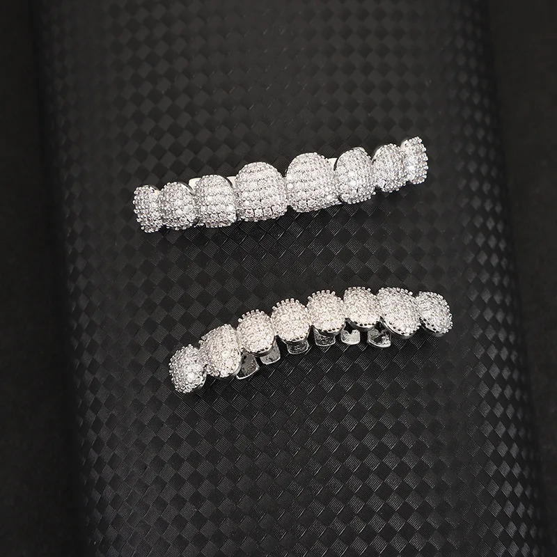 8/8 teeth HIP HOP Teeth Top Bottom Grills Set With silicone Real Shiny Tooth Sets Gift 250220