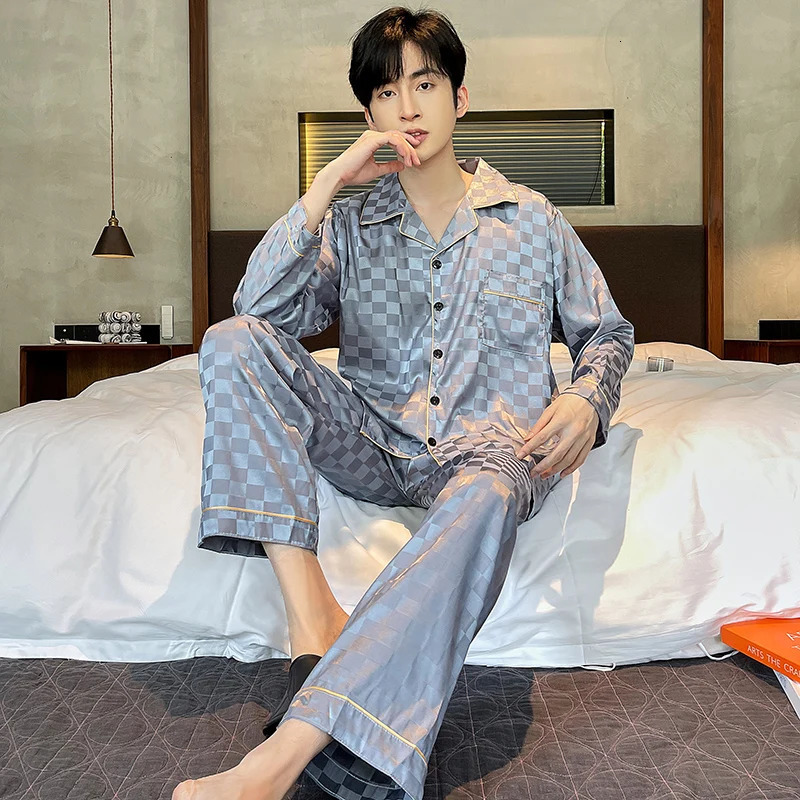 Mens sleepwear set with satin silk large-sized sleepwear spring and autumn sleepwear home clothing plain weave sleepwear large 4X long sleeved evening