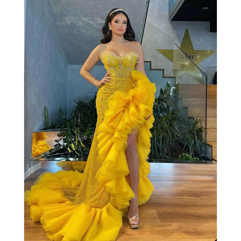 Mermaid Evening Dresses Sequins Beads Lace Pleat Tiered Side Split Sweetheart Court Gown Prom Dress Vestido De Noite Customized 6660312
