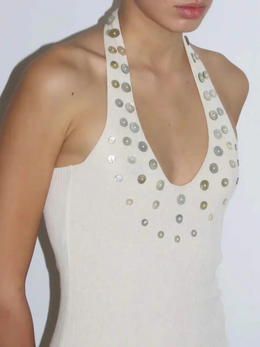 Spanish irregular mother of pearl sequin decorative thread knitted hanging neck vest top for women 250225