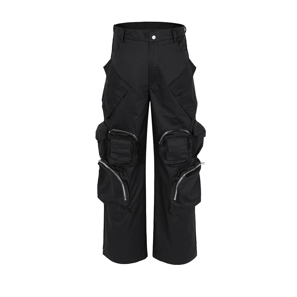 High Street Multi-pockets Functional Wide Leg Cargo Pants Unisex Black Straight Baggy Y2K Overalls Oversized Loose Trousers 250225