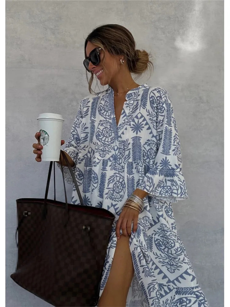 Autumn Casual Print Vacation Loose Dress Women Fashion V-neck Flare Sleeve Elegant Ruffle Shirt Dress Female Vintage Loose Dress 250225