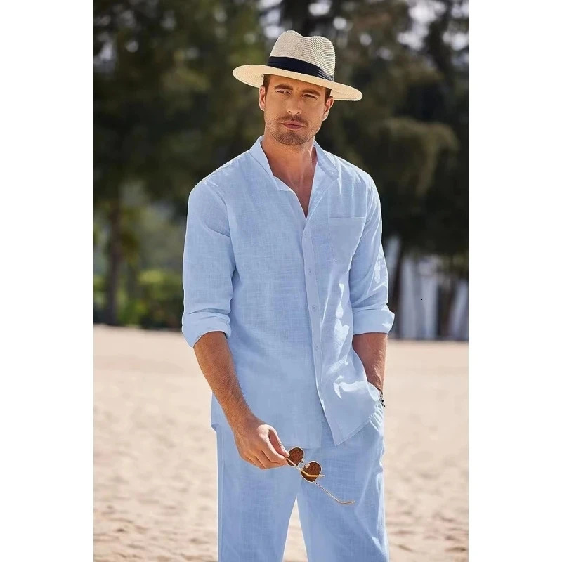 Sky Blue White Black Sports Suit Mens Beach Casual Linen Loose Long-sleeved Shirt Trousers Workwear Two-piece Male Set 250222