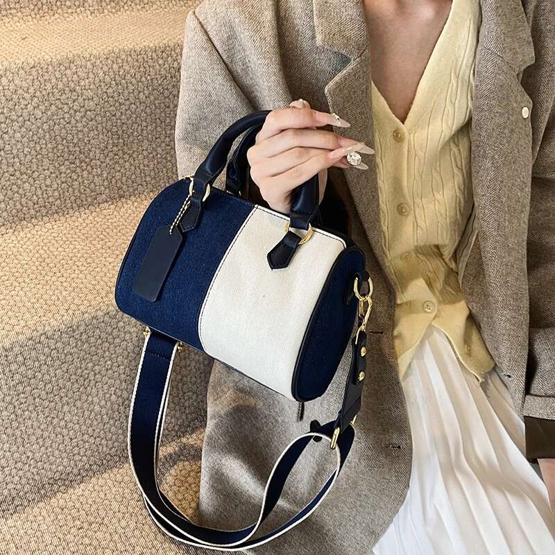 New Collage And Color Blocked Women's Mini Multifunctional Handbag Denim Diagonal Shoulder Bag Casual Street Small Boston Bag, 2025 Designer Wall