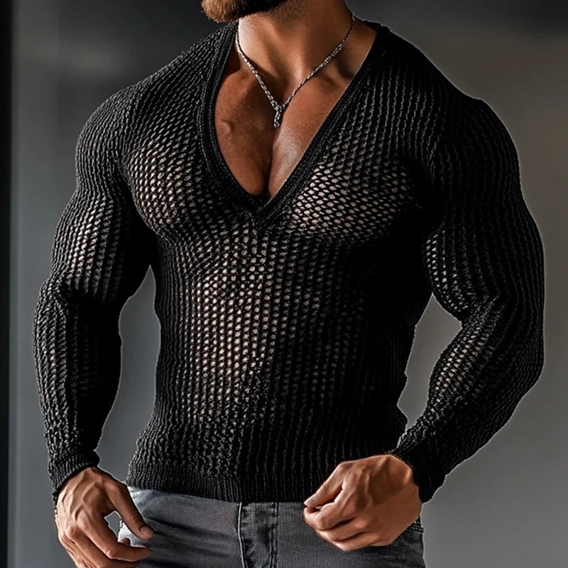 Streetwear Vintage V Neck Knit T-shirts Mens Spring Casual Long Sleeve Knitting Mesh Tops Mens Clothes Sexy Hollow Out Pullovers 250224