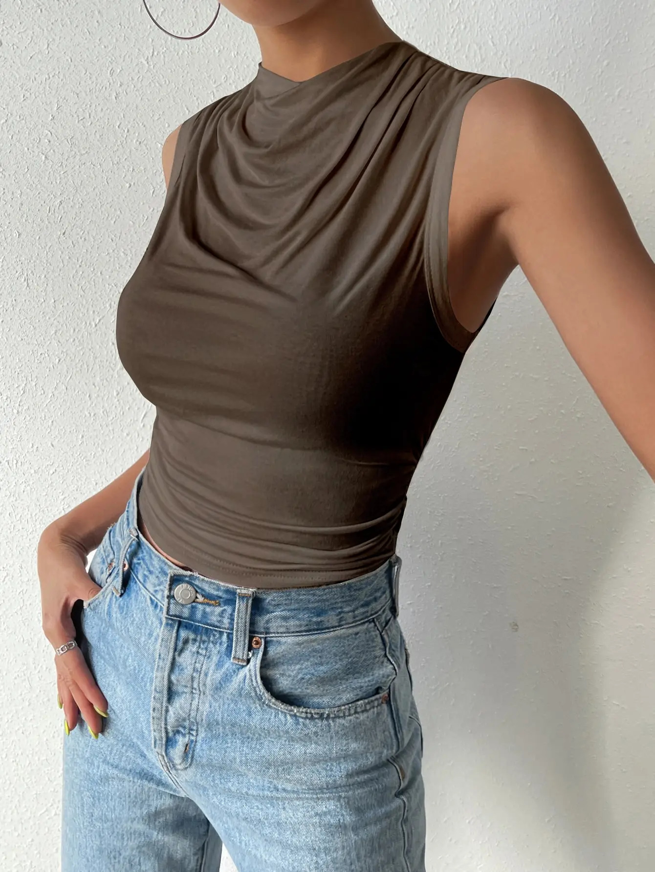 Womens Casual Pleated n Top Summer Fashion Street Style Solid Color Slim Half High Neck Sleeveless T-Shirt Top 250226