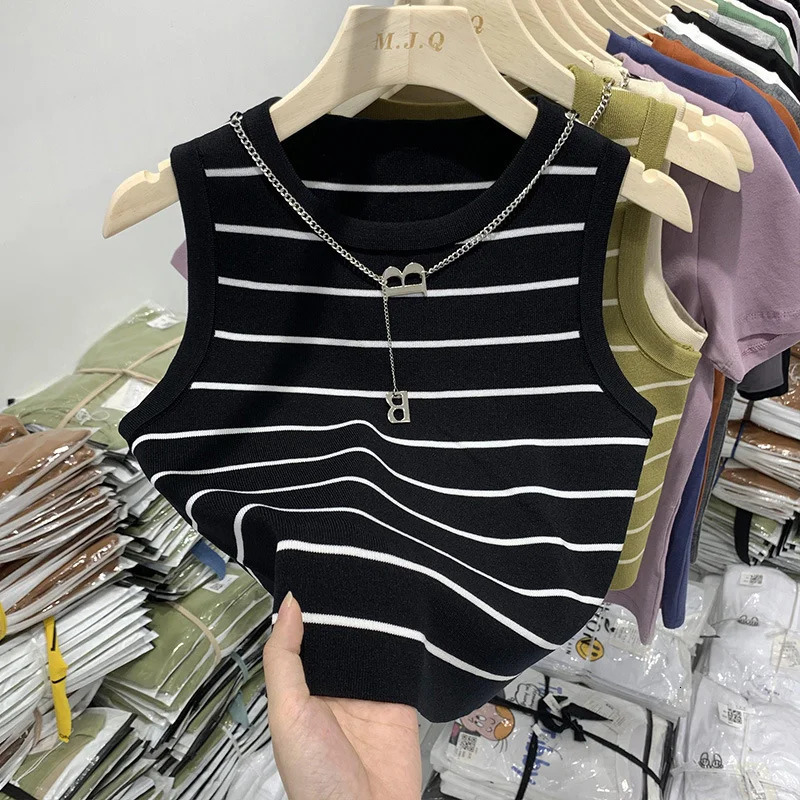 2025 Basic Bottoming Striped Chain Elasticity Vests Women Tank Camis Spring Autumn Wild Crop Short Top 250226