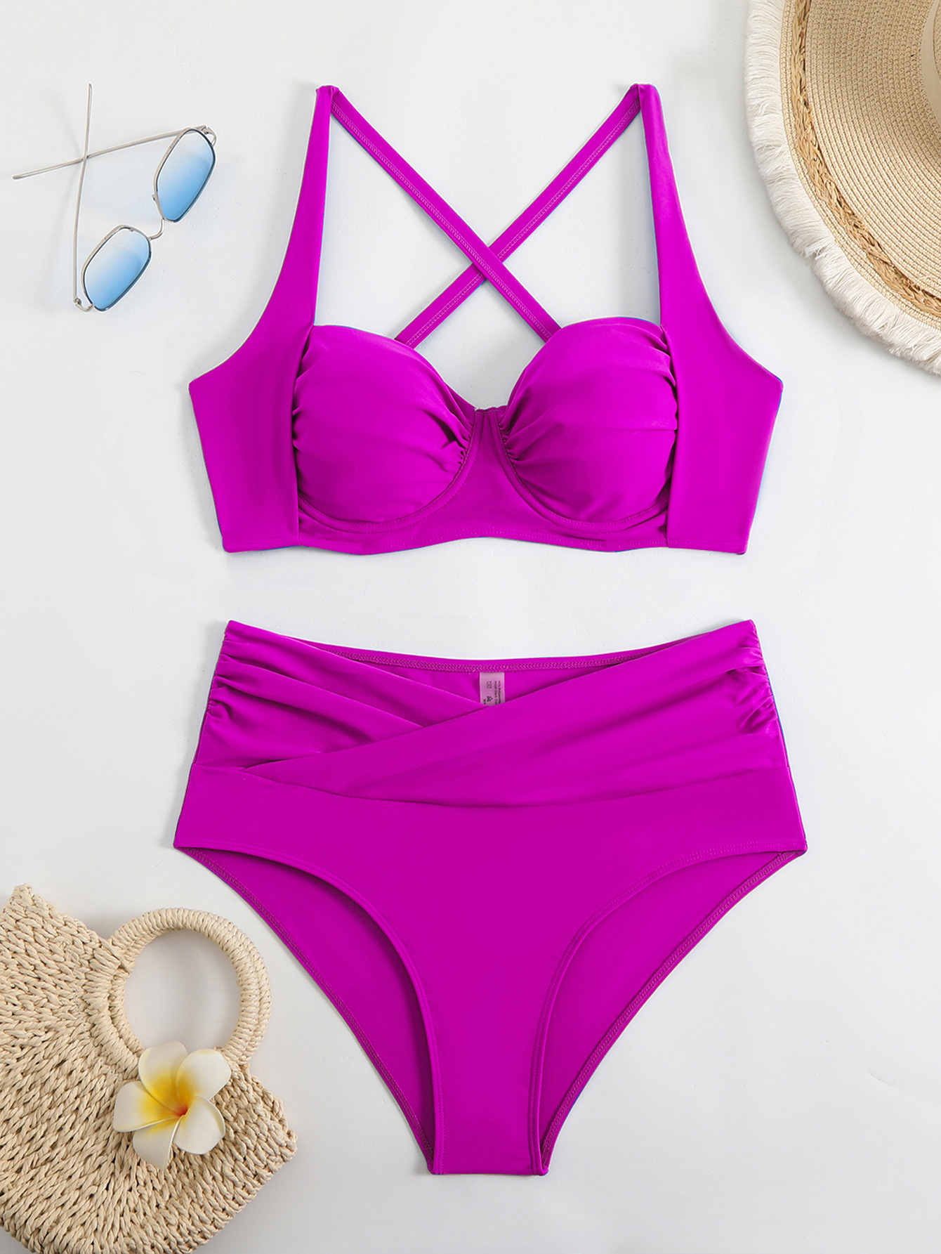 2025 Sexy swimwear New Hard Cup Solid Color High Waist Swimsuit Bikini