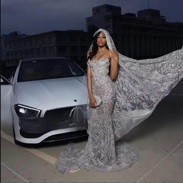 Luxury Silver Grey Mermaid Prom Dresses With Wrap Sequins Beadings Black Girls Gradutaion Party Evening Gowns robe de bal