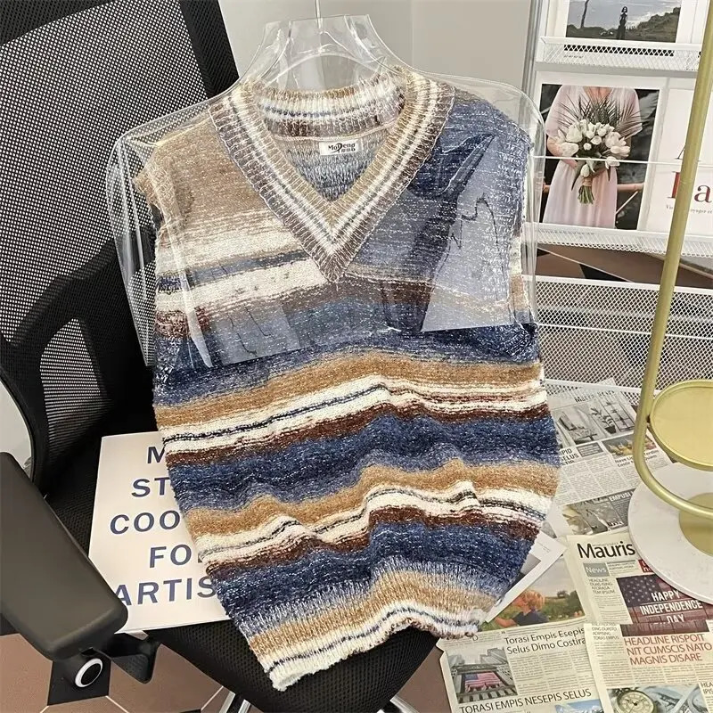 Striped Sweater Vests Men Casual Vintage Soft Handsome Sleeveless Knitwear Autumn Winter Japanese Style Harajuku Allmatch Chic 250225