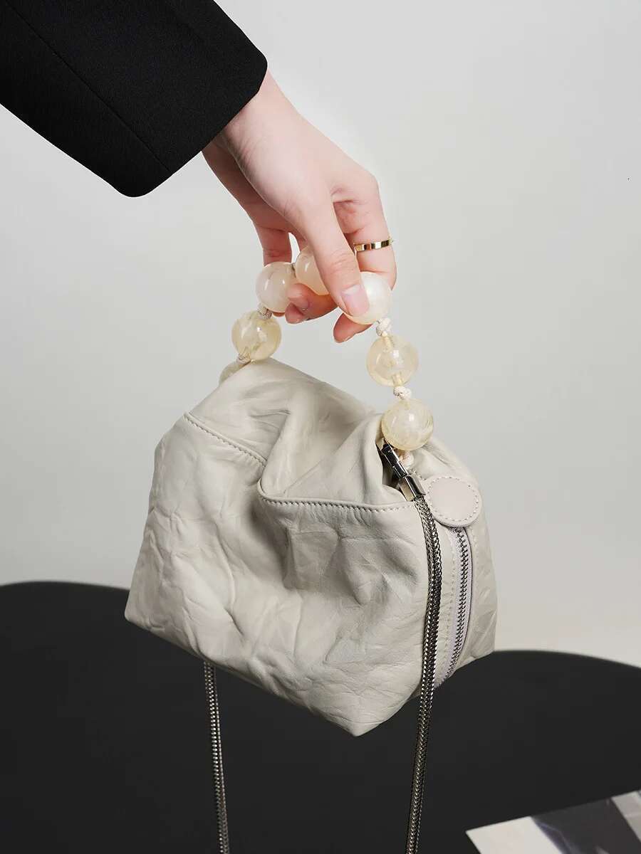 First Layer Of Cow Leather Mini Pouch Beaded Handle 3 Wearing Ways Chain Strap Shoulder Crossbody Bag For Women