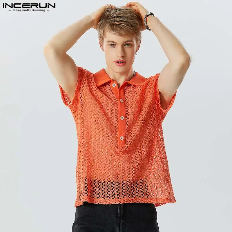 Mens Shirt Mesh Transparent Hollow Out Lapel Short Sleeve Mens Clothing Streetwear Sexy Solid Fashion Shirts S-5XL INCERUN 250222