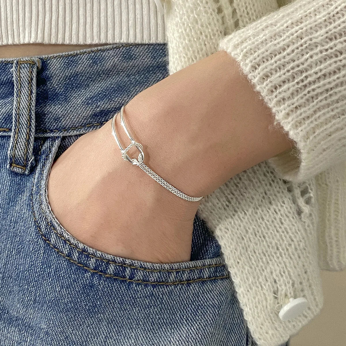 16cm-17cm Womens Silver 925 Bracelet Double Chain Bracelet Womens Gift Knot Bracelet 925 Silver Layer Bracelet 250226