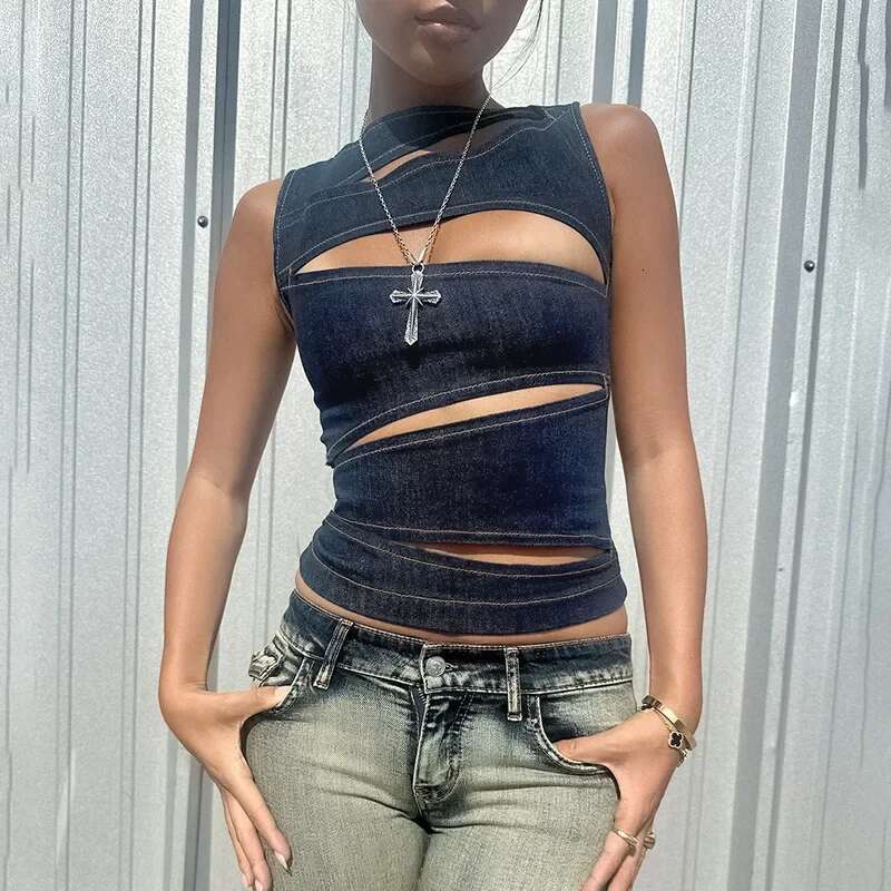 Talenza Sleeveless Round Neck Summer Solid Color Hollow Fashion Sexy Streetwear Women's Slim Vest Top womens designer clothing