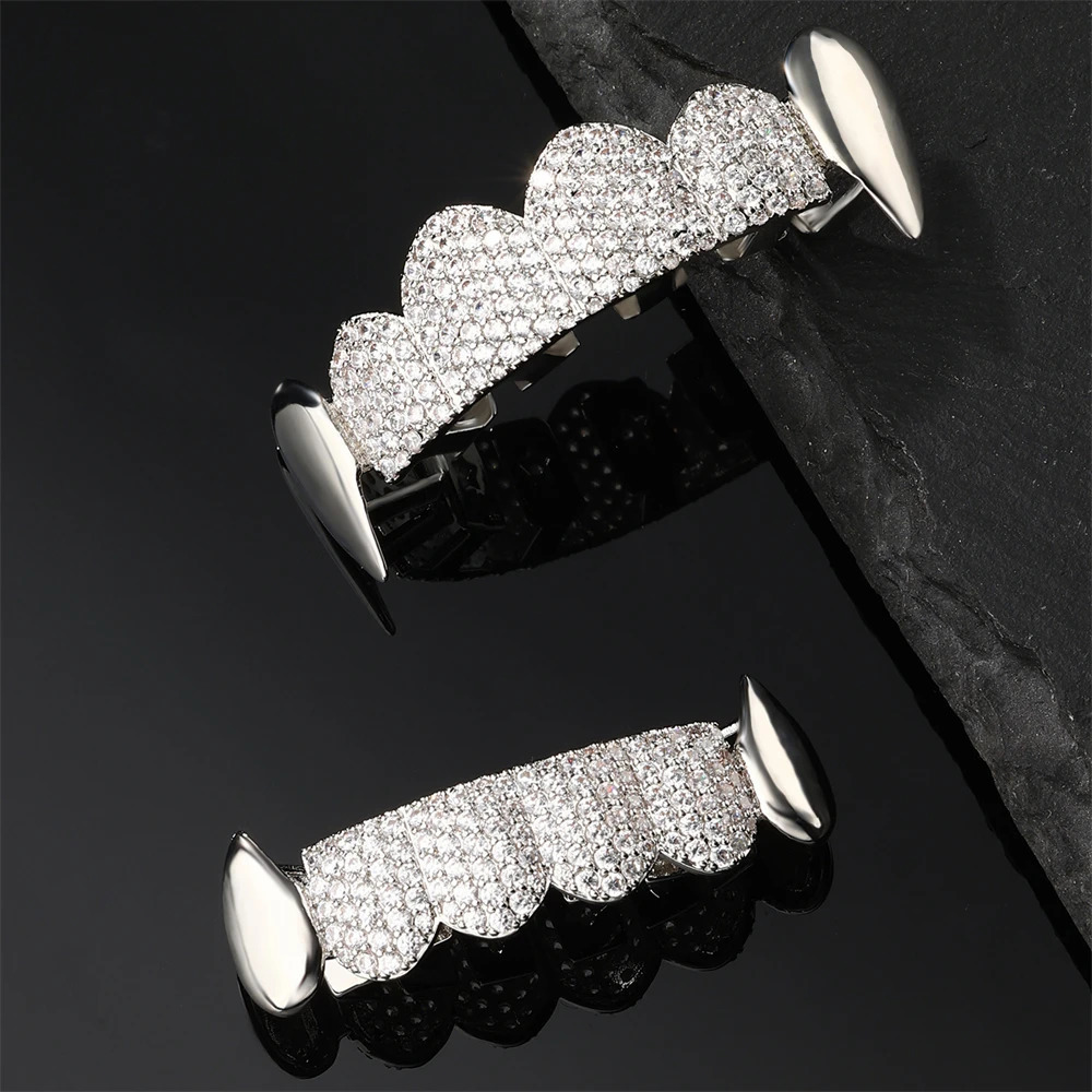 Hip Hop CZ Teeth Caps Cubic Zircon Iced Out Micro Pave Top Bottom Charm Grills For Men Women Jewelry Cosplay Xmas Gift 250225