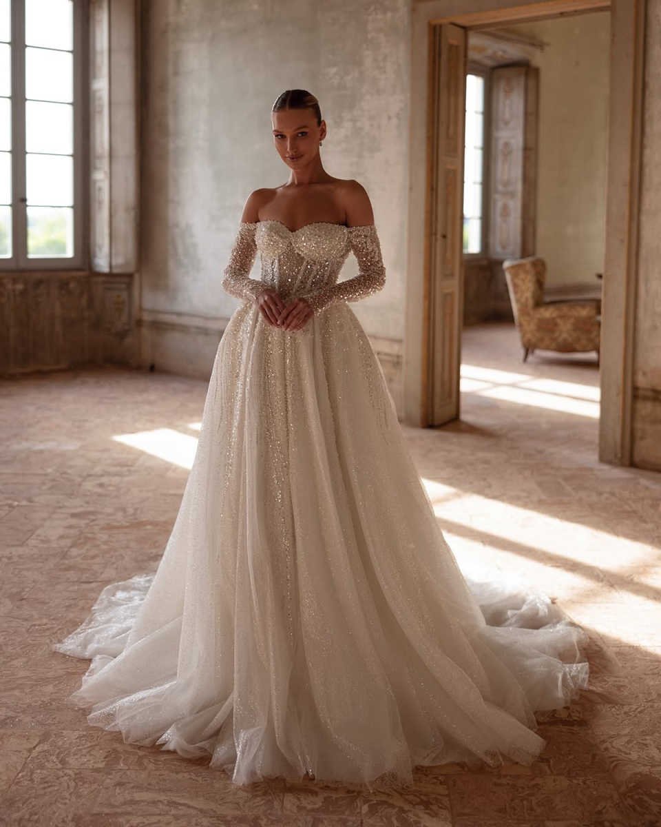 Graceful A Line Wedding Dresses Strapless Long Sleeves Beads Bling Sequins Appliques Lace Bridal Gowns Lace Up Special Occasion Sweep Train Vestido de