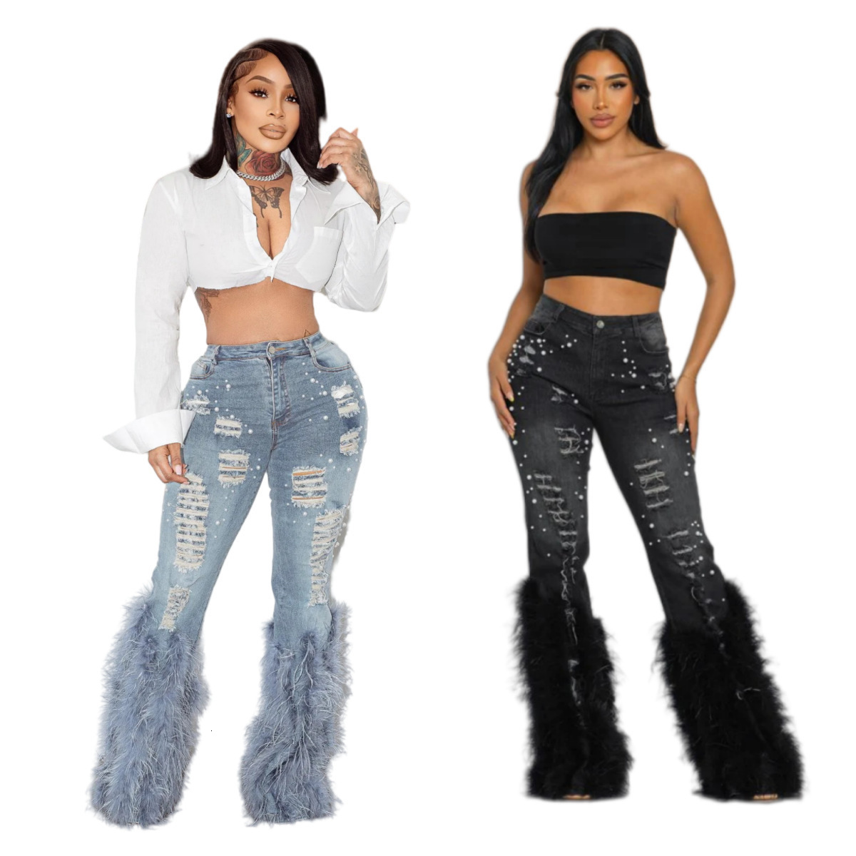 D8711 New Fashionable Casual Jeans with Nail Beads and Long Hairy Jeans 201105