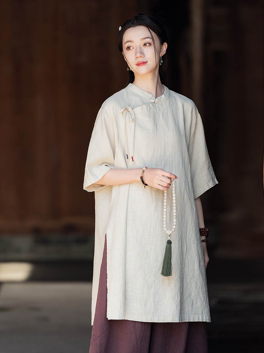 H16120 women's new Chinese style stand-up collar oblique lapel tie national style top retro Zen loose summer dress female