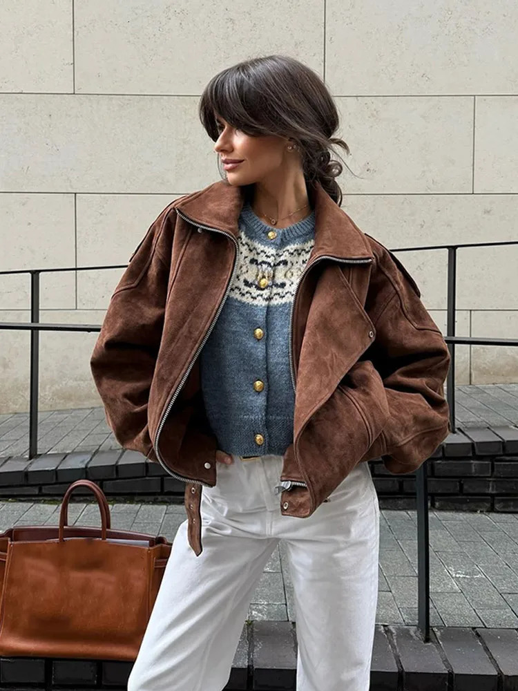 Chic Brown Suede Cropped Casual Coat Vintage Lapel Solid Color Zipper Short Jacket 2025 Autumn Woman Padded Shoulder Jackets 250225