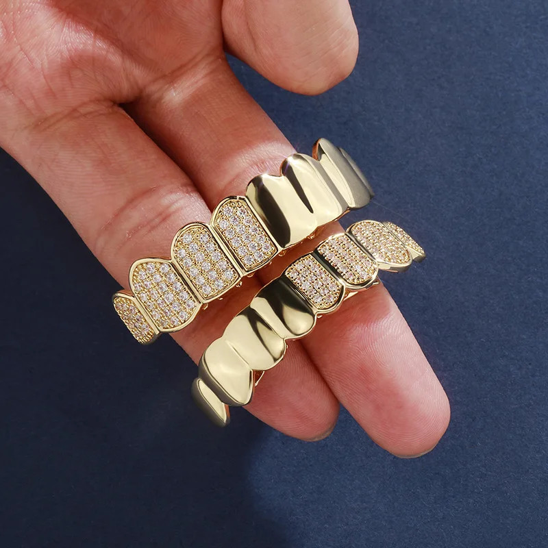 Hip hop Half CZ Teeth Hat Sparkling Ice Cube Zircon Mini Paving Top and Bottom Charm Grill Set Suitable for Womens Jewelry Gif 250220