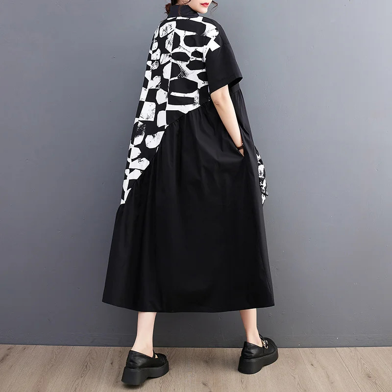 #0208 Summer Black White Long Shirt Dress Women Side Pockets Buttons Loose Asymmetrical Printed Midi Dress Female Short Sleeve 250225