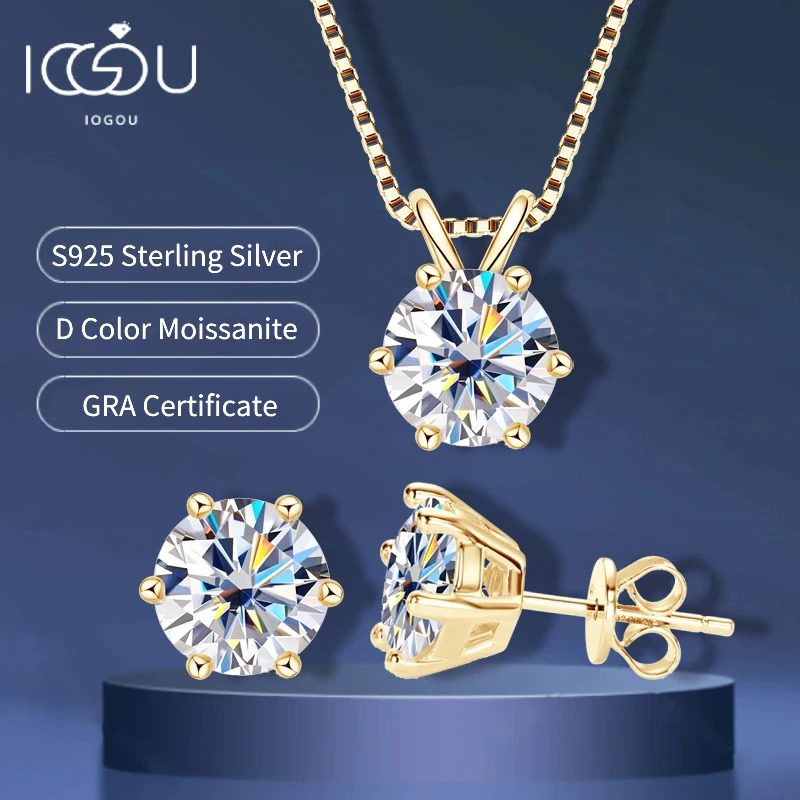 IOGOU Real 925 Silver Jewelry Set Gold Plated 0.5-2ct Stud Earrings Solitaire Pendant Necklace Set for Women Men Gift 250221