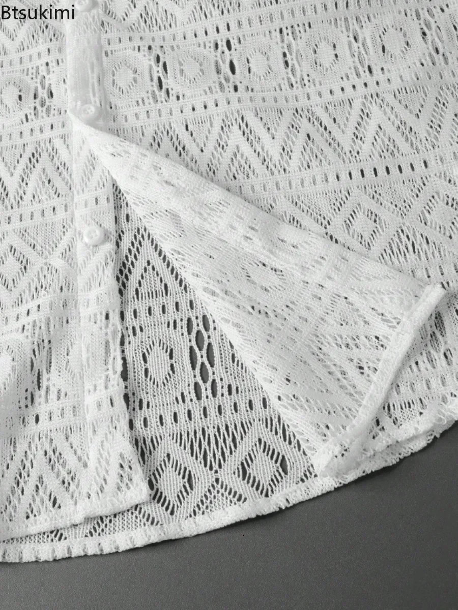 Summer Fashion Mens Lace Hollow Out Shirts Solid Breathable Casual Short-sleeved Cardigan Sexy See Through Mesh Blouse for Male 250222