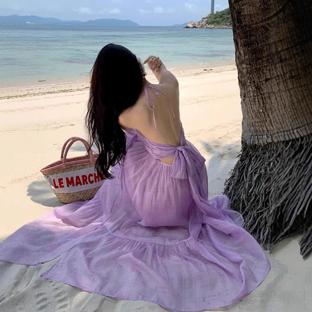 D230 Bamine wears a seaside holiday dress atmosphere hot girl sexy backless Sanya slim beach dress