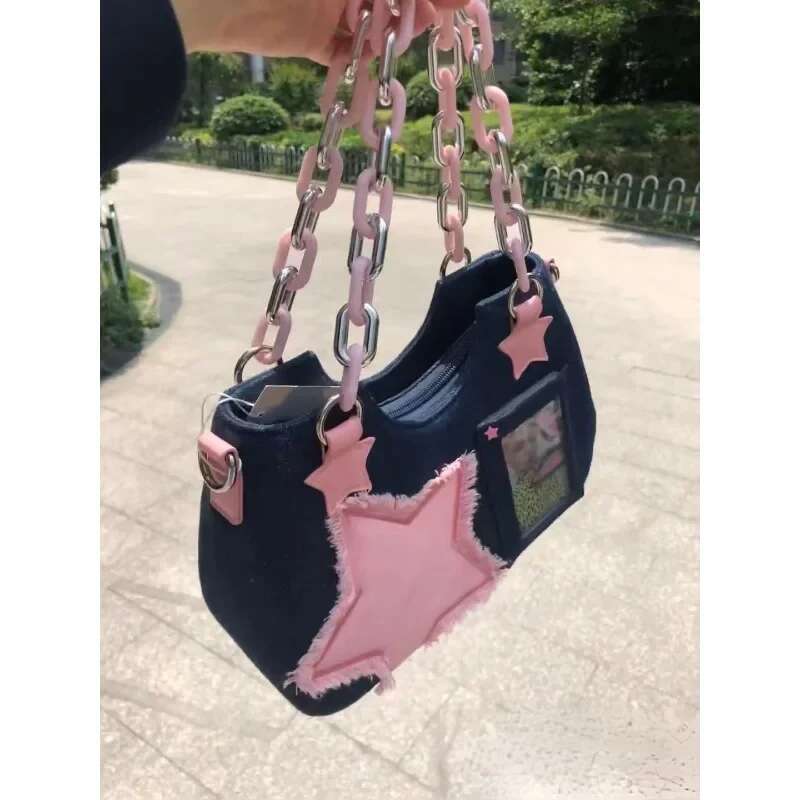 Summer Fashion Casual Cool Dark Diagonal Cross Bag Hip-hop Style Denim Pink Women's Designer Bag Star Chain Armpit New Large Capacity Handbag Wal