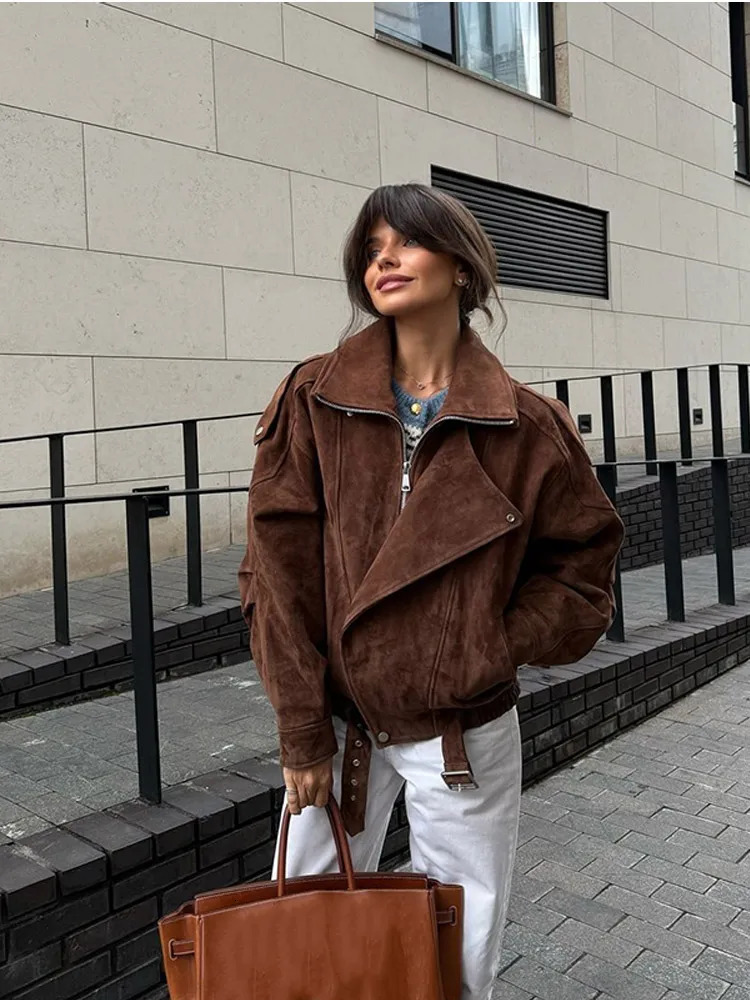 Chic Brown Suede Cropped Casual Coat Vintage Lapel Solid Color Zipper Short Jacket 2025 Autumn Woman Padded Shoulder Jackets 250225