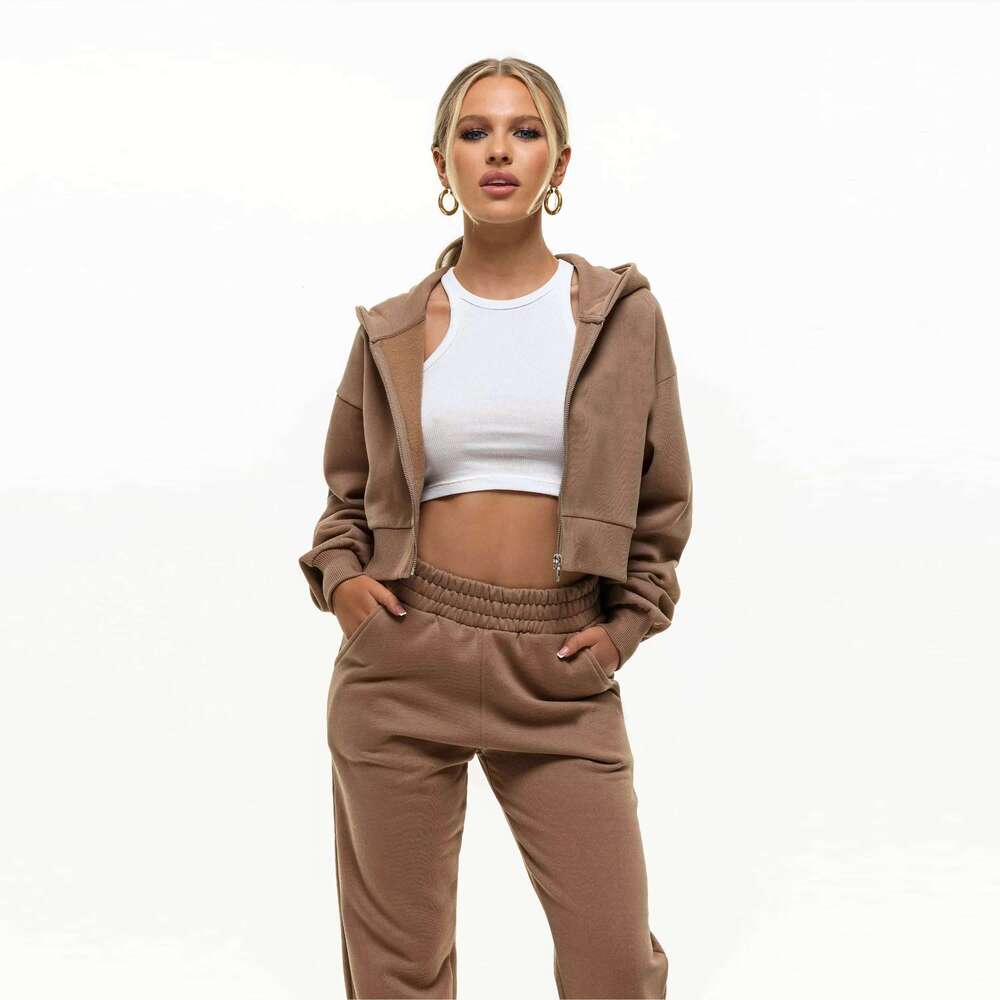 Cotton Korean Trendy Cropped Tan Zip Hoodie Women Soft Knitting Fabric Ribbed Hem For Casual Streetwear Outfits In Winter