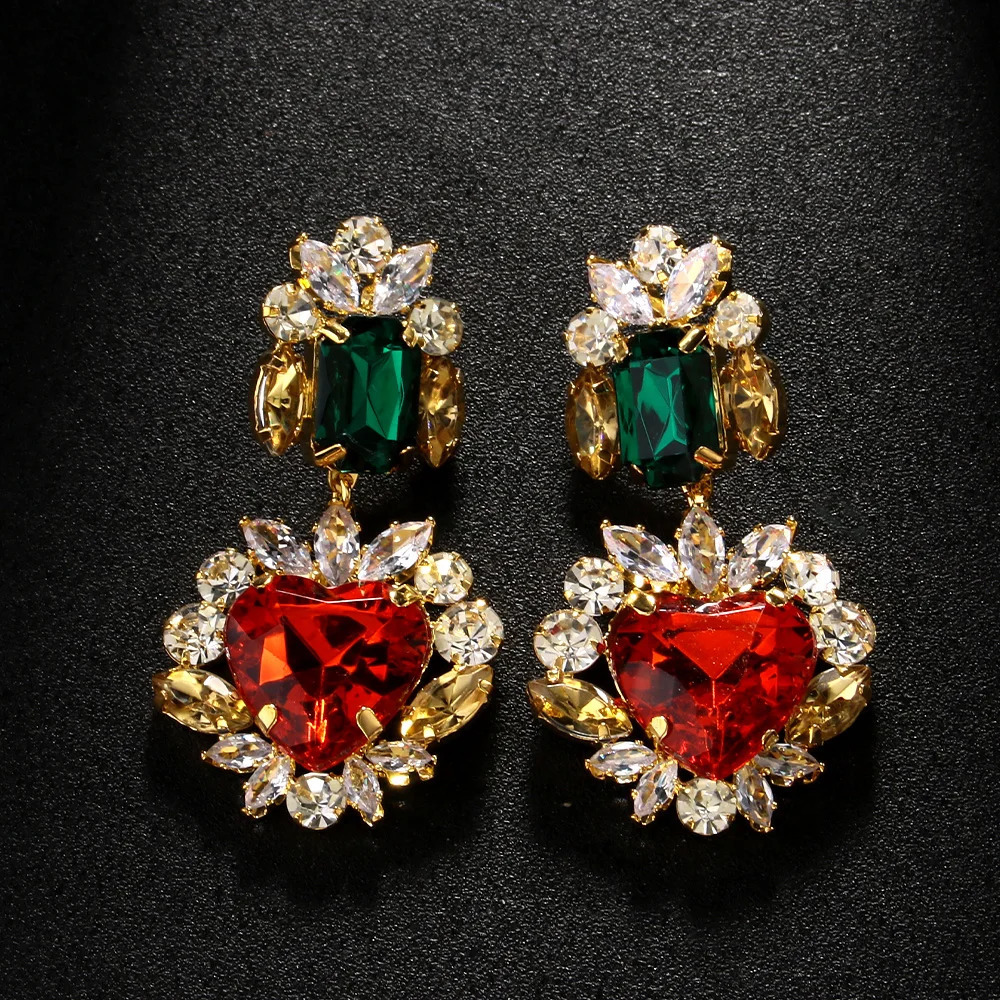 Stonefans Greeen and Red Crystal Heart Dangle Earrings for Women Statement Large Earrings Multicolour Bridal Wedding Ear Jewelry 250225