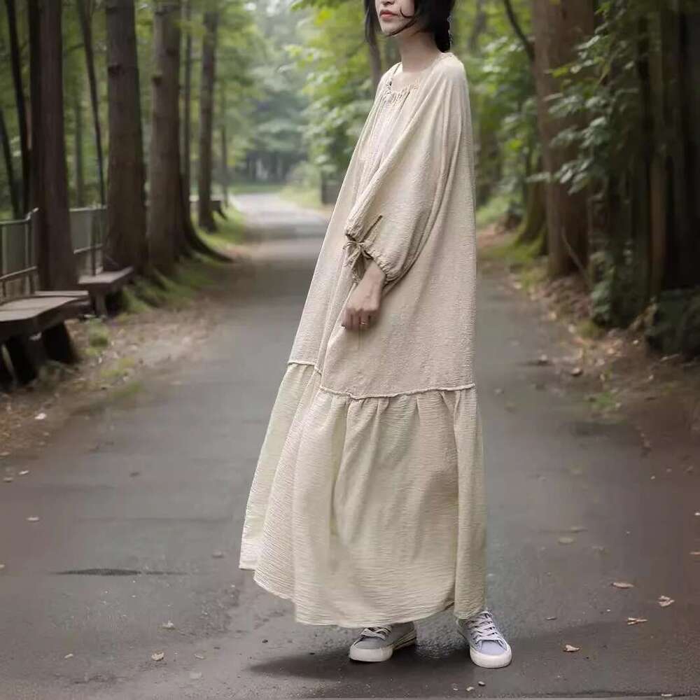 Women's Solid String Cotton En Dress Summer Quality Elegant Short Sleeve O-Neck Patchwork Maxi Haruku Plus Size Vestidos