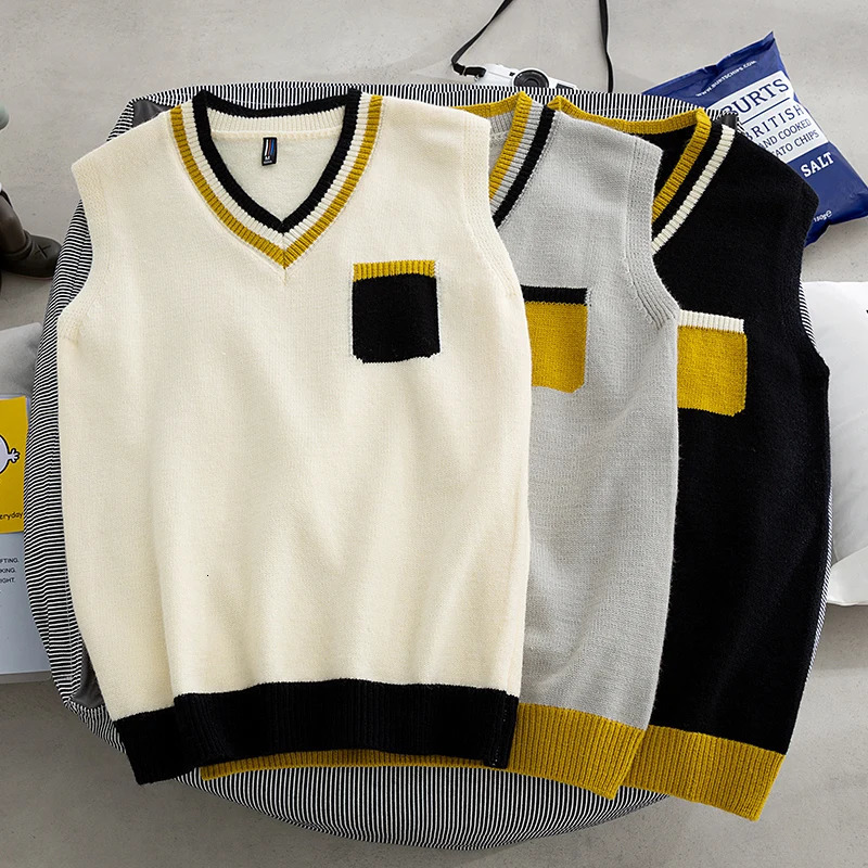 Mens Preparatory Style Sweater Tank Top Vneck Sleeveless Classic Suitable for Campus Zipper Fashion 250225