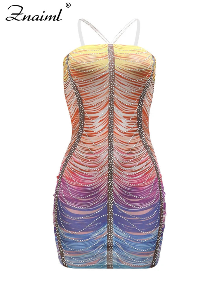 Znaiml Elegant Rhinestone Halter Spaghetti Strap Mini Dress Women Sexy Night Club Bodycon Evening Birthday Prom Vestidos 250225