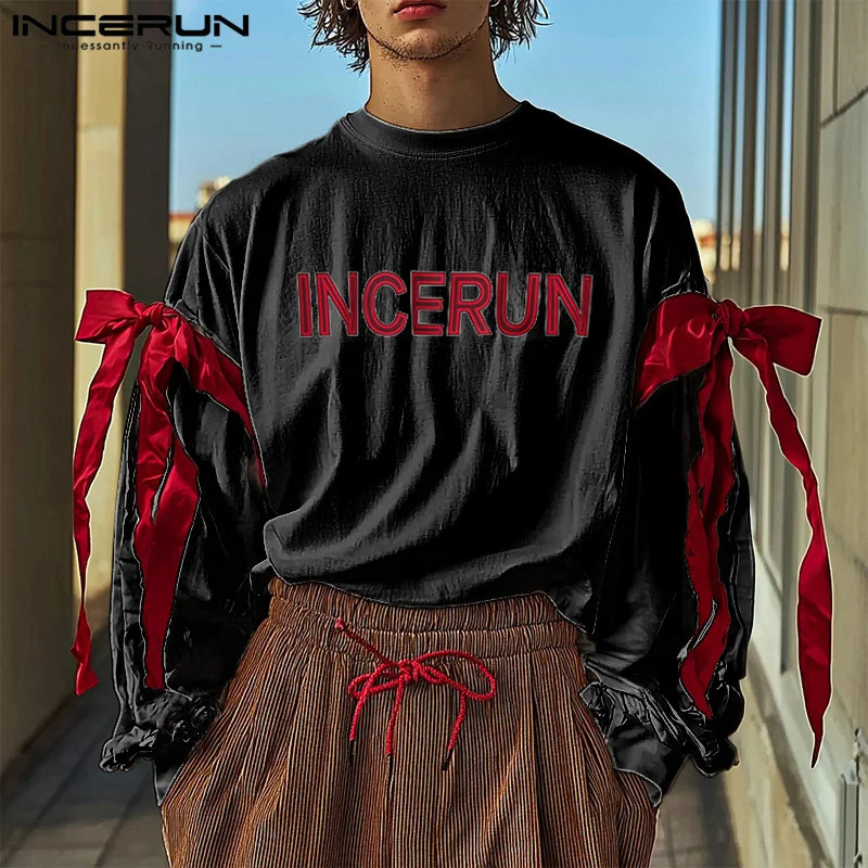 INCERUN Tops American Fashion Mens Patchwork Printed Bow T-shirt Mens Street Clothing Personalized Long Sleeve Camiseta 250224