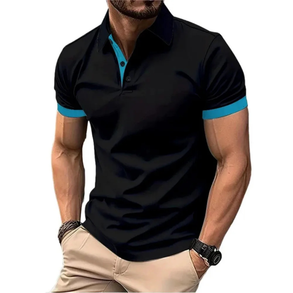Mens Polo Shirt Short Sleeve Casual Slim Fit Color Blocking T-shirts England Style Streetwear Polos for Mens Fashion 250226