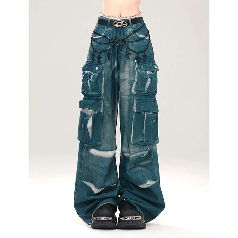 Women's Blue Baggy Cargo Jeans Korean Vintage Y2k 90S Aesthetic Denim Trousers 2000S Haruku Cowboy Pants Trashy Clothes 2024
