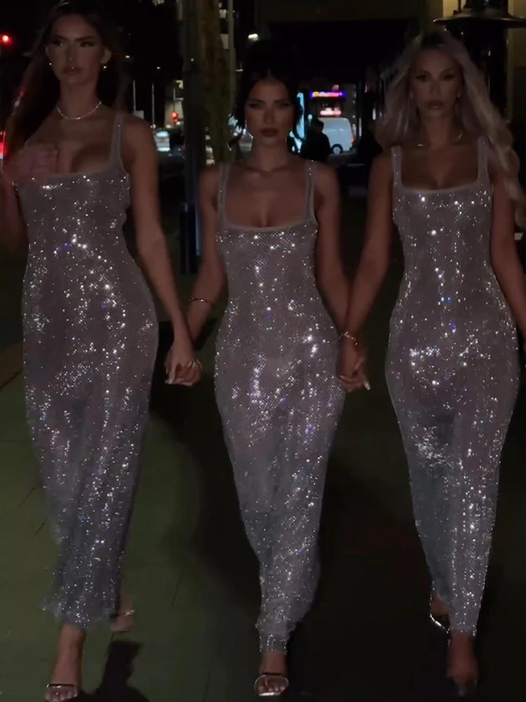 Sexy Sequined Hollow Out Dresses Women See Through Sling Backless Sleeveless Long Dress Female Club Hip Package Lady Robe 250225