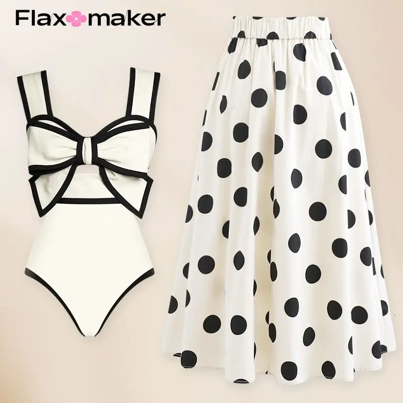 FLAXMAKER Black White Retro One Piece Swimsuit Women Bow Tie Swimwear with Skirt Bathing Suit Monokini Beach Bodysuit 250225