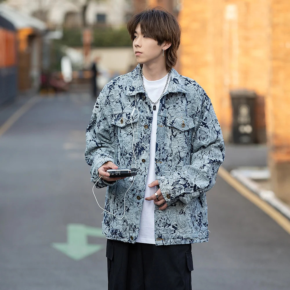 Mens Ripped Distressed Denim Jacket Flower Jacquard Weave Embroidery Coat Loose Long Sleeve Outerwear 250225