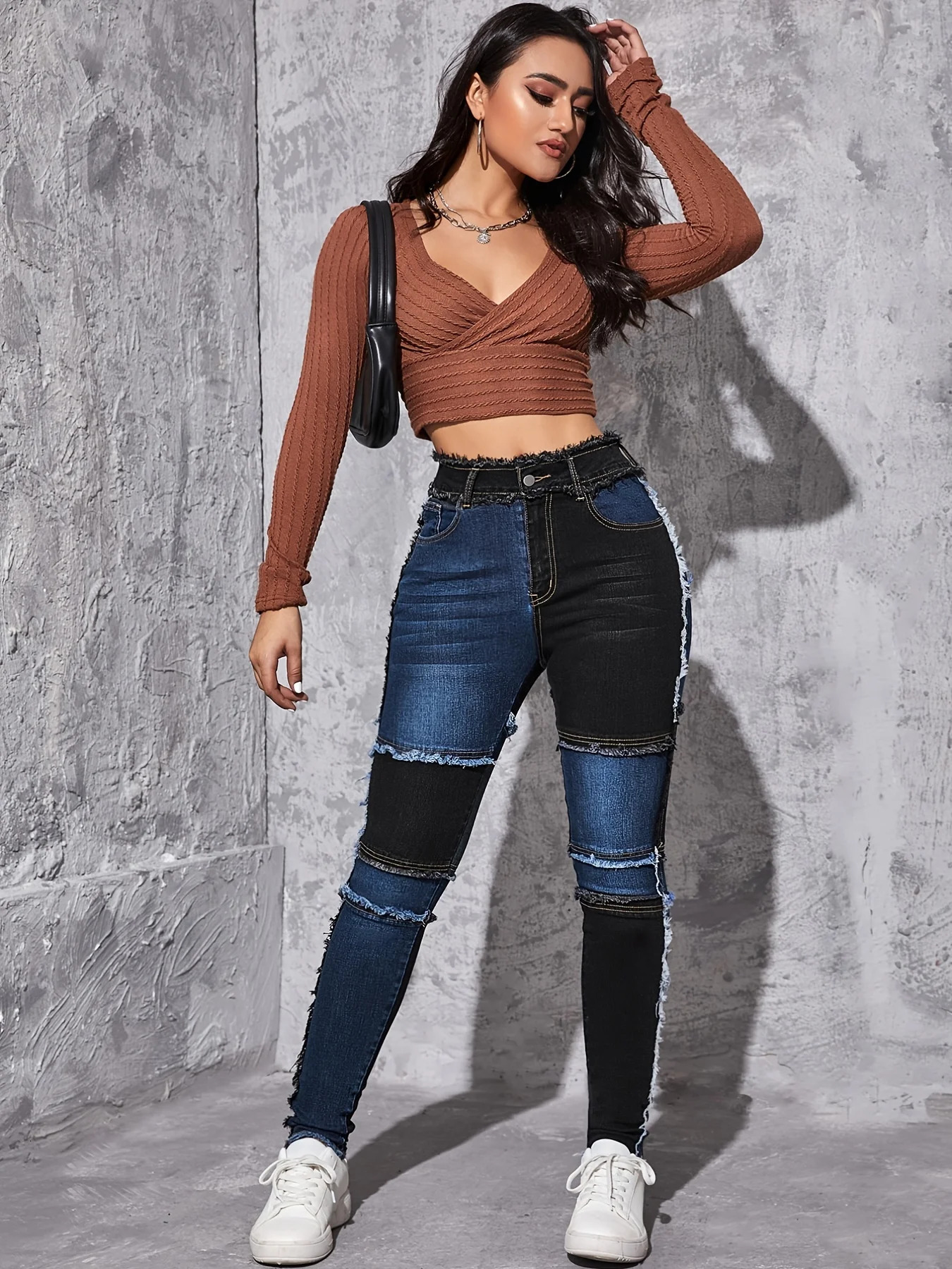 Womens Two tone Patched Denim Pants 250225