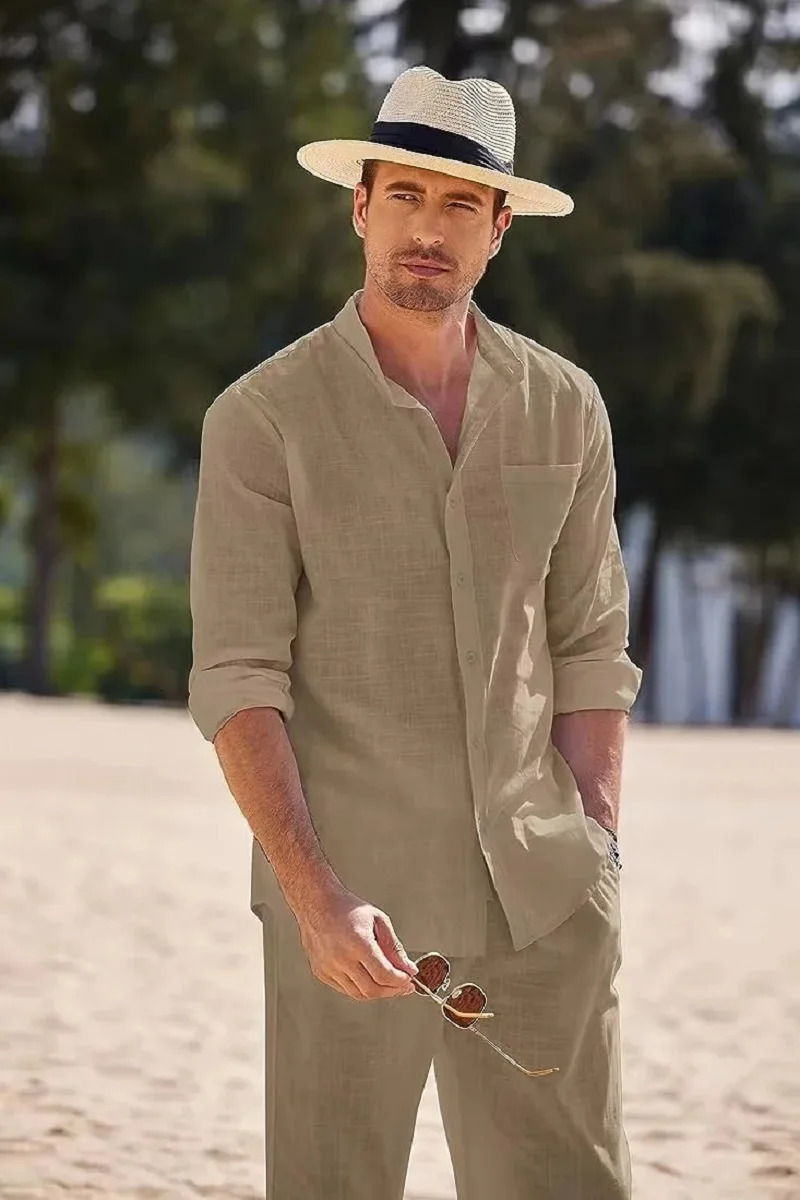 Sky Blue White Black Sports Suit Mens Beach Casual Linen Loose Long-sleeved Shirt Trousers Workwear Two-piece Male Set 250222