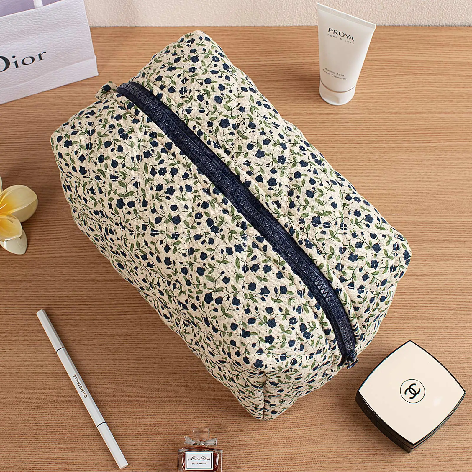 MIROSIE Pretty Navy Blue Floral Print Makeup Bag with Zipper Portable Travel Skincare Storage Pouch Makeup Organizer Big Size 250221