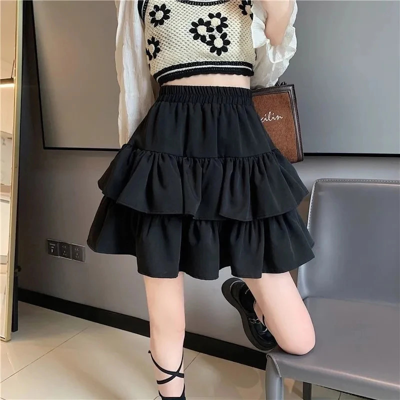 Pleated A-Line Skirt Women White Ruffle Sweet Tierred Pretty Style Skirt Elastic Waist Summer Slim Basic Korean Harajuku Dress 250226